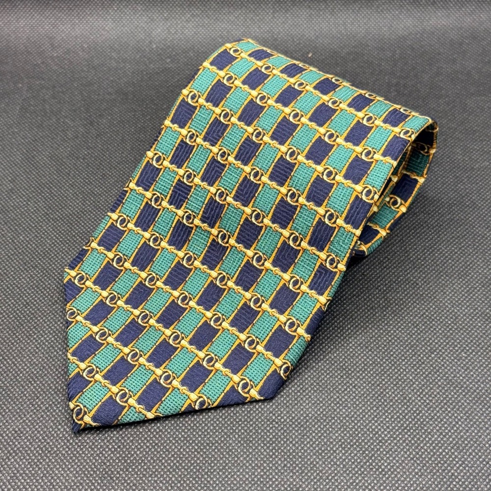 Vintage Raphael Roma Milano Green Gold Horsebit Silk‎ Tie 4" x 58" Italy Italy